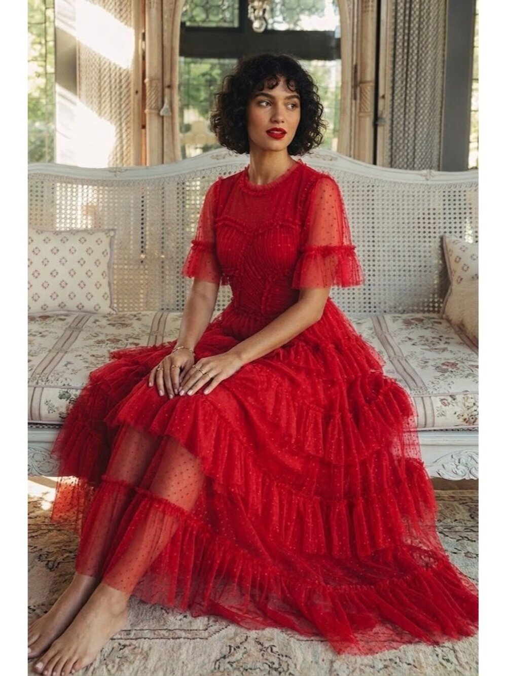 NWT Ivy City Co Whimsical Gown in Red Embroidered Tulle Ruffled Maxi Dress M